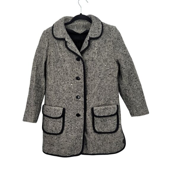 Vtg 70s Petite Tweed Long Line Coat Sz PS Black White Contrast Trim Twee Winter - Picture 13 of 13